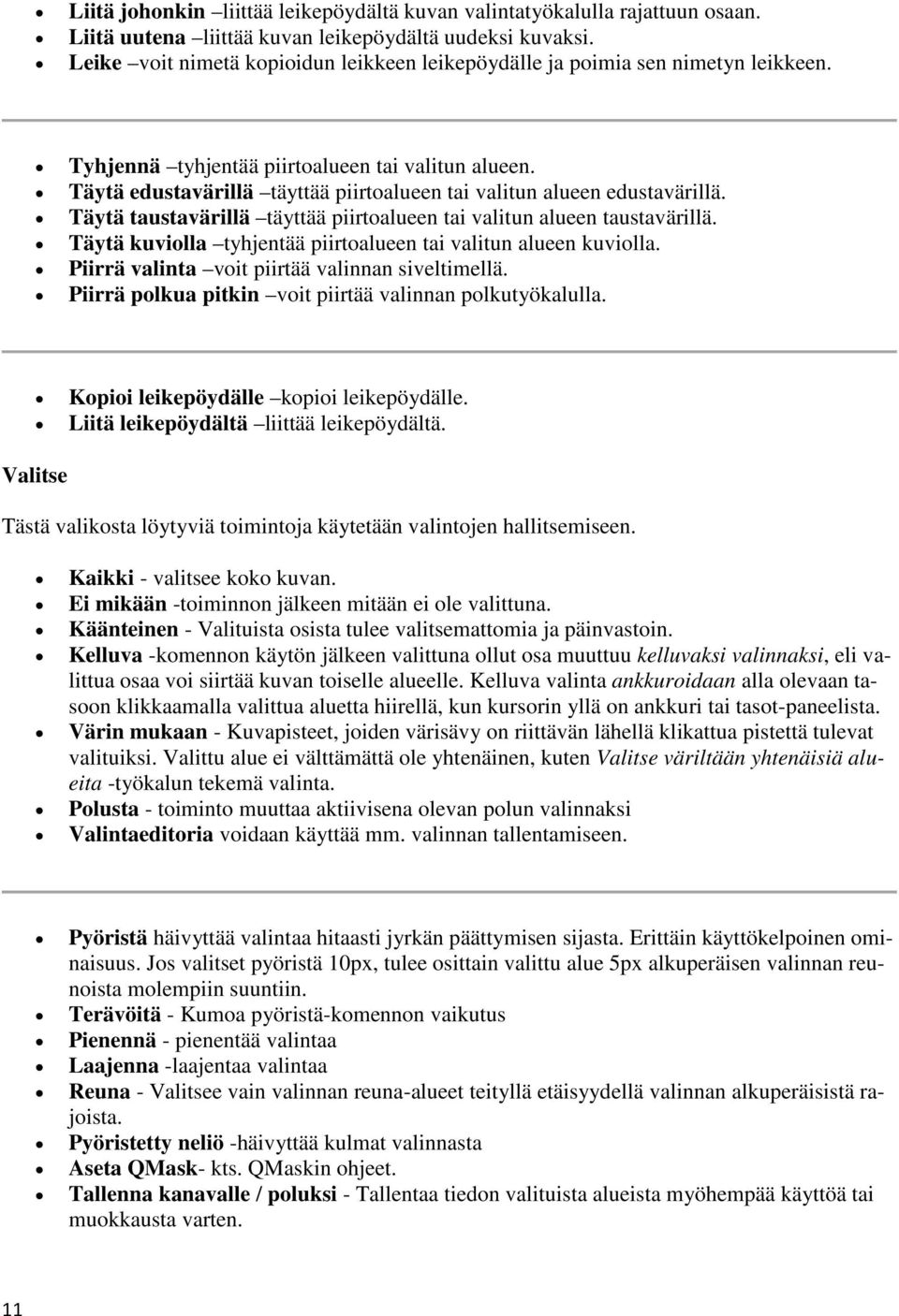 Täytä edustavärillä täyttää piirtoalueen tai valitun alueen edustavärillä. Täytä taustavärillä täyttää piirtoalueen tai valitun alueen taustavärillä.