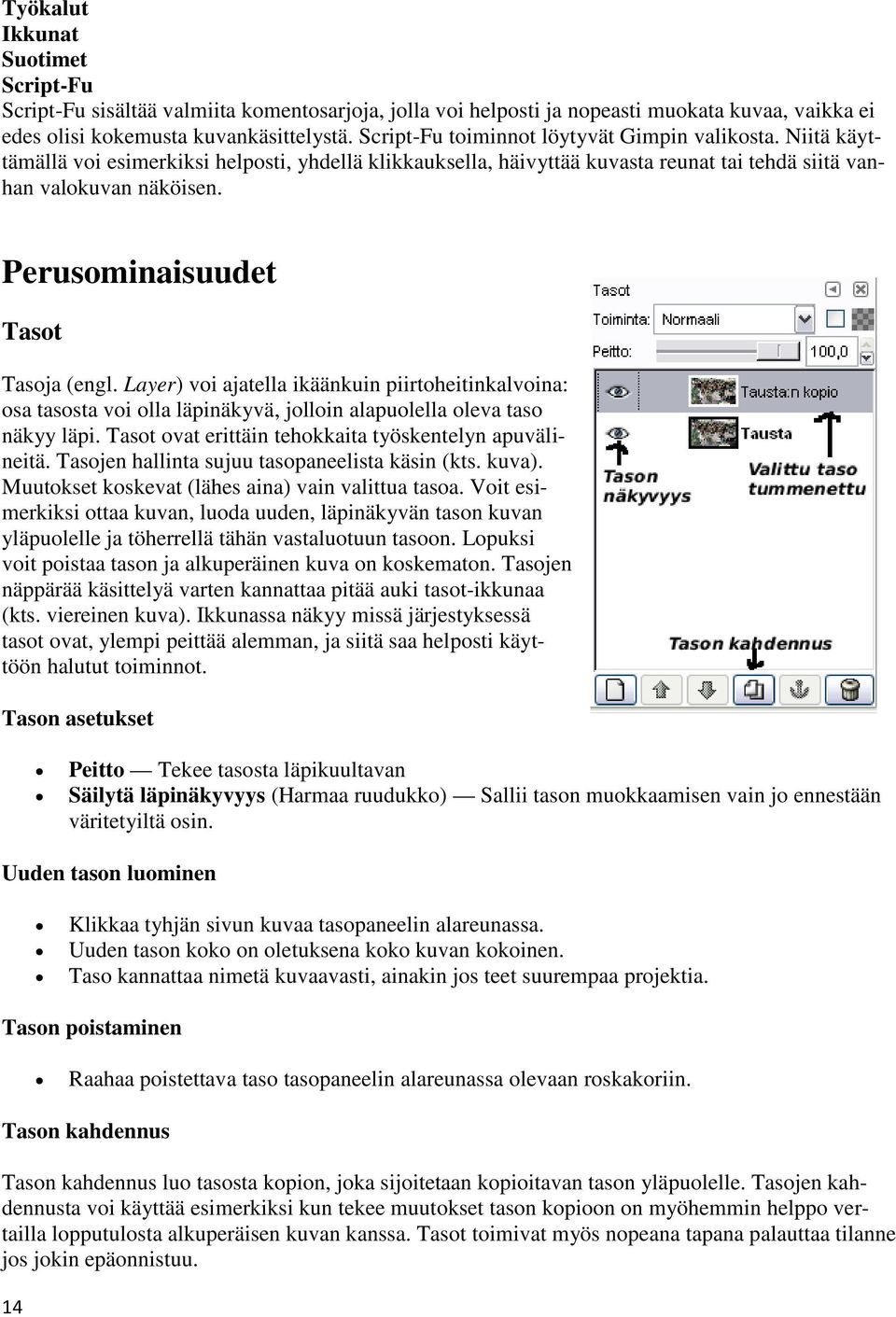 Perusominaisuudet Tasot Tasoja (engl. Layer) voi ajatella ikäänkuin piirtoheitinkalvoina: osa tasosta voi olla läpinäkyvä, jolloin alapuolella oleva taso näkyy läpi.
