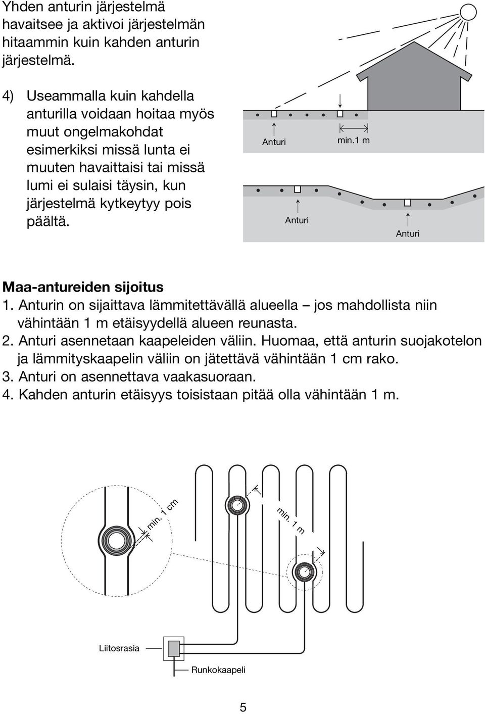 päältä. Anturi Anturi min.1 m Anturi Dansk Maa-antureiden sijoitus 1. Anturin on sijaittava lämmitettävällä alueella jos mahdollista niin vähintään 1 m etäisyydellä alueen reunasta. 2.