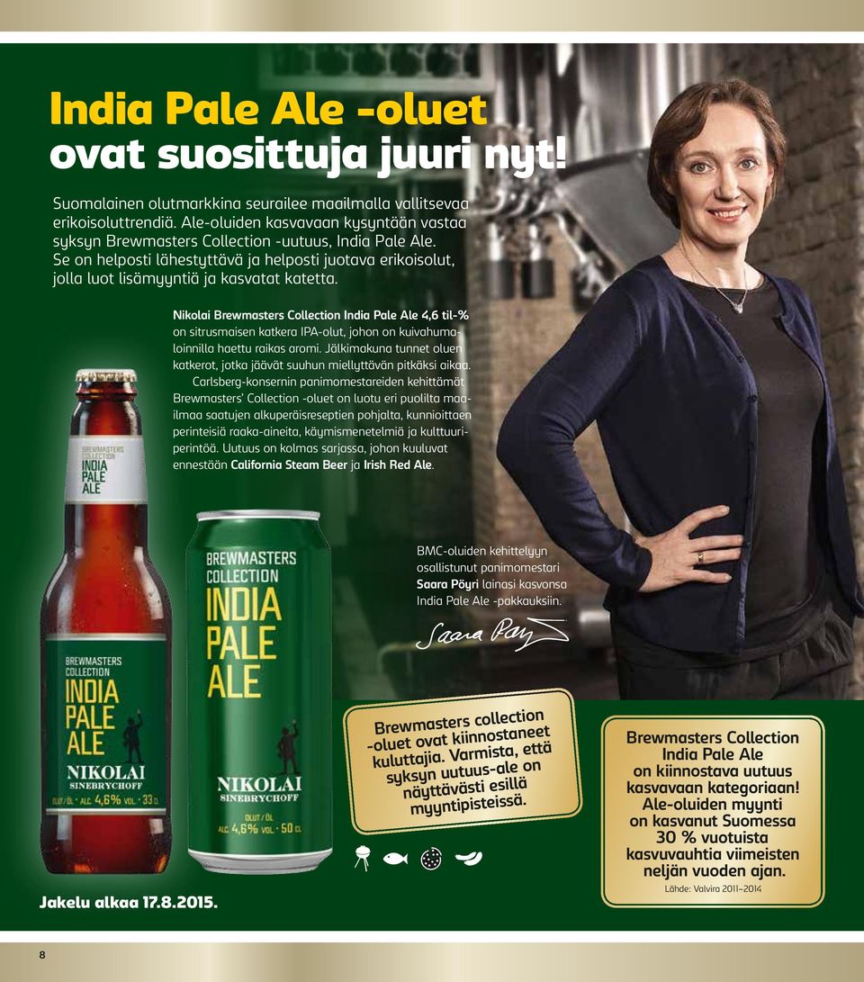 Nikolai Brewmasters Collection India Pale Ale 4,6 til-% on sitrusmaisen katkera IPA-olut, johon on kuivahumaloinnilla haettu raikas aromi.