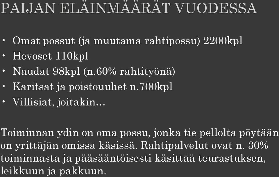 700kpl Villisiat, joitakin Toiminnan ydin on oma possu, jonka tie pellolta pöytään on