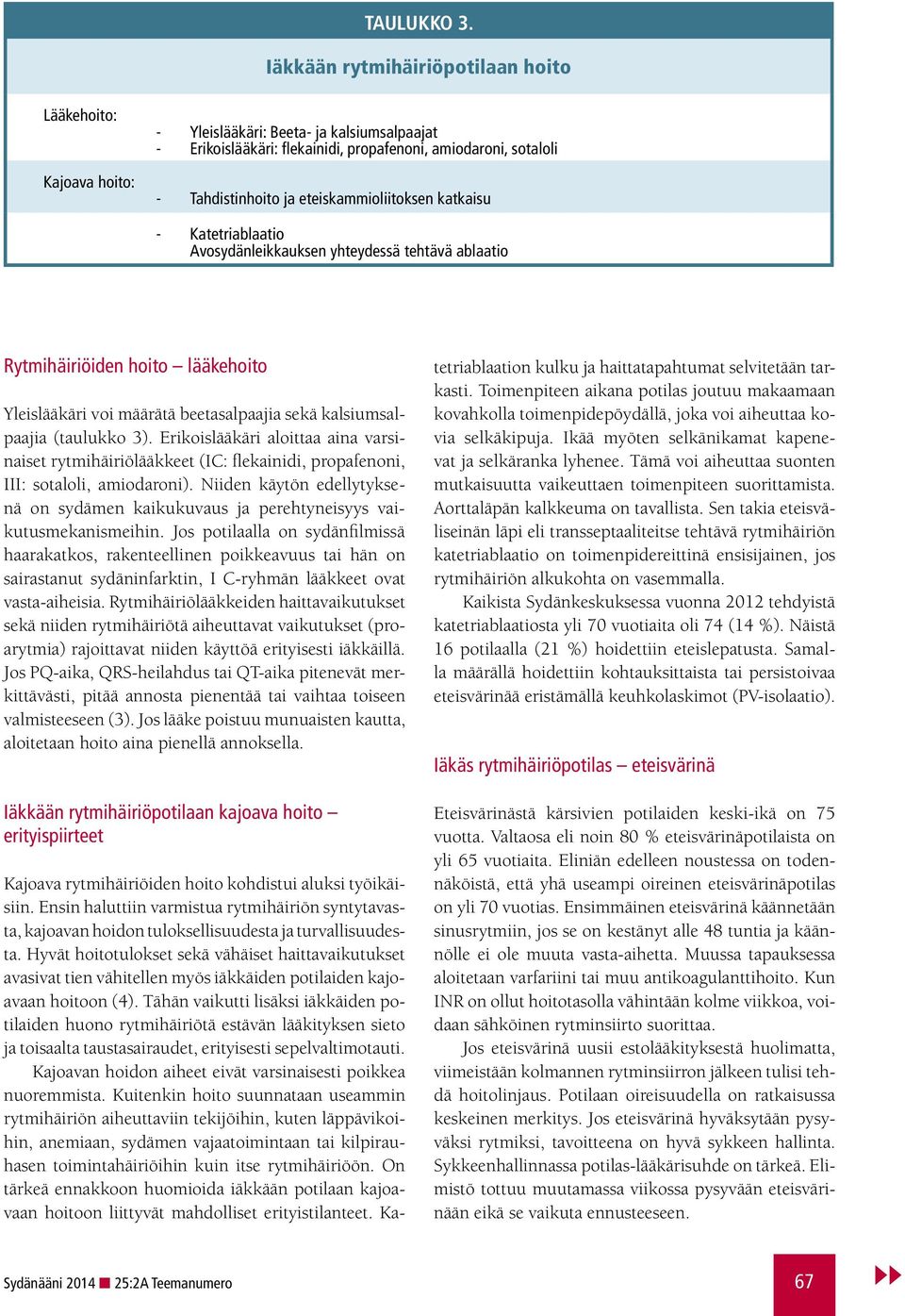 eteiskammioliitoksen katkaisu - Katetriablaatio Avosydänleikkauksen yhteydessä tehtävä ablaatio Rytmihäiriöiden hoito lääkehoito Yleislääkäri voi määrätä beetasalpaajia sekä kalsiumsalpaajia