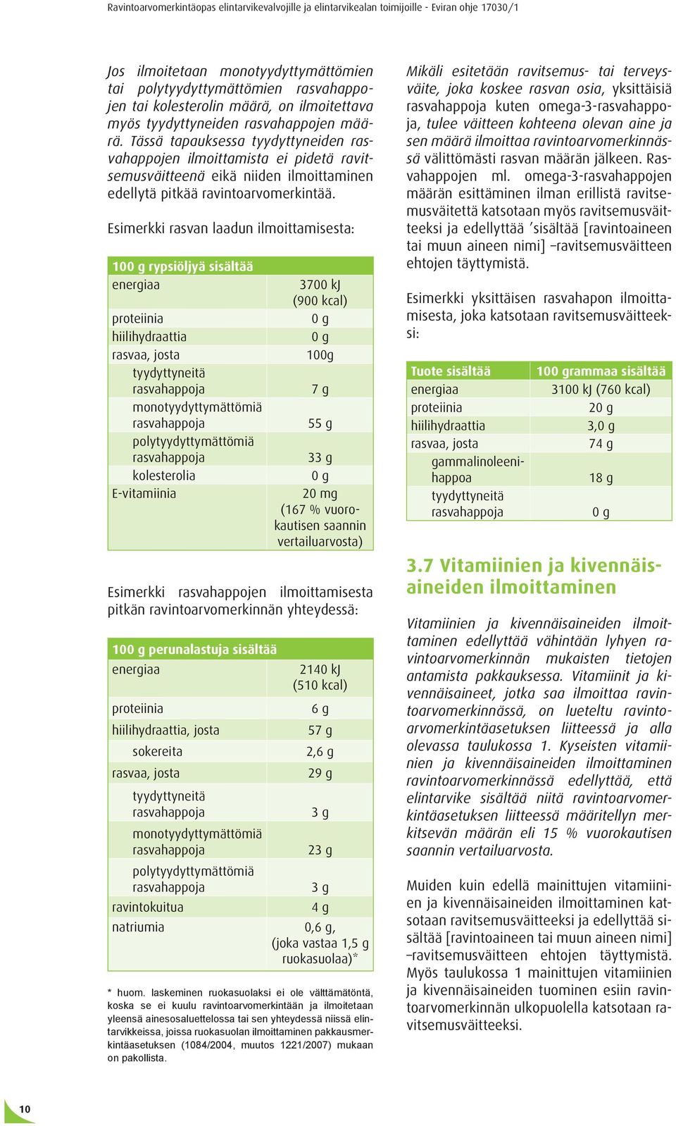 Esimerkki rasvan laadun ilmoittamisesta: 100 g rypsiöljyä sisältää energiaa proteiinia hiilihydraattia rasvaa, josta tyydyttyneitä rasvahappoja monotyydyttymättömiä rasvahappoja polytyydyttymättömiä