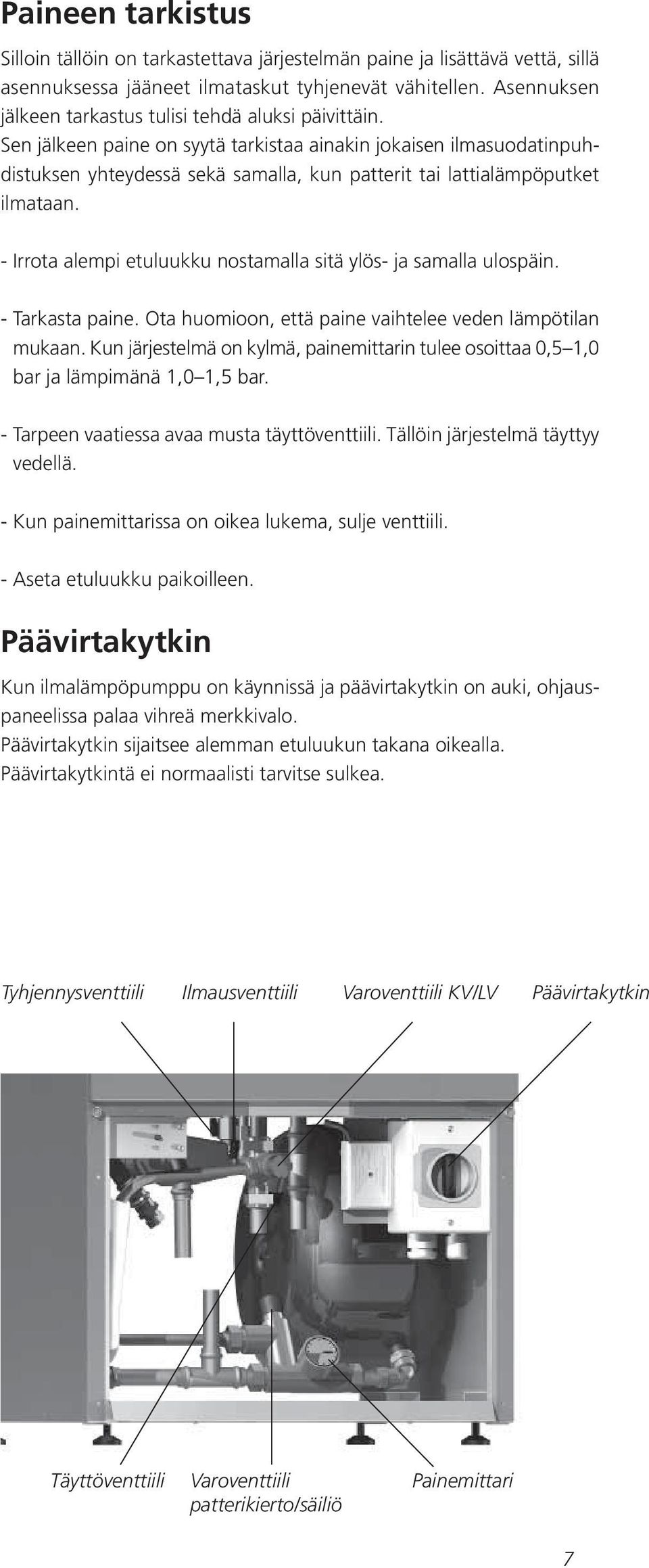 Sen jälkeen paine on syytä tarkistaa ainakin jokaisen ilmasuodatinpuhdistuksen yhteydessä sekä samalla, kun patterit tai lattialämpöputket ilmataan.