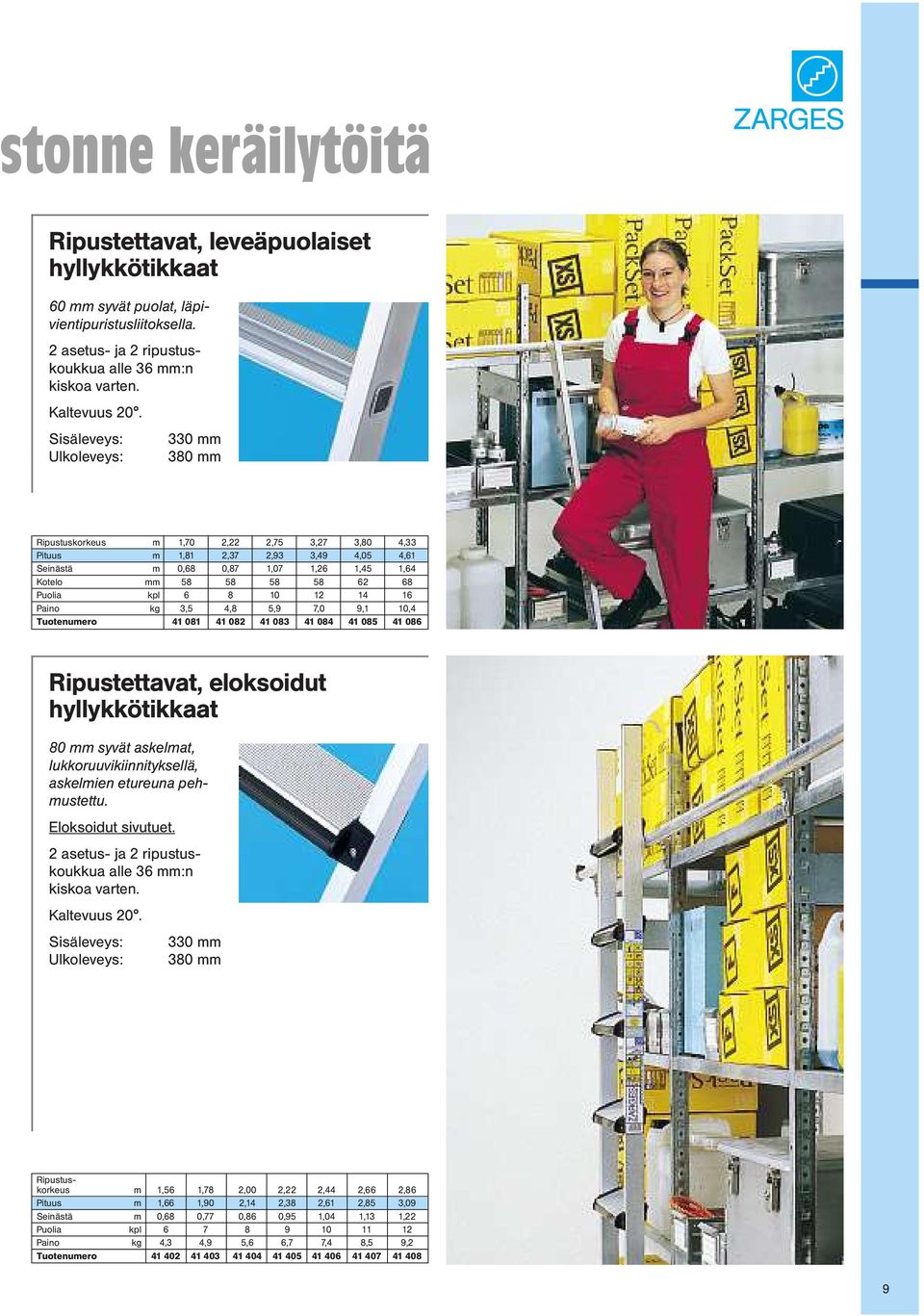 Puolia kpl 6 8 10 12 14 16 Paino kg 3,5 4,8 5,9 7,0 9,1 10,4 Tuotenumero 41 081 41 082 41 083 41 084 41 085 41 086 Ripustettavat, eloksoidut hyllykkötikkaat 80 mm syvät askelmat,