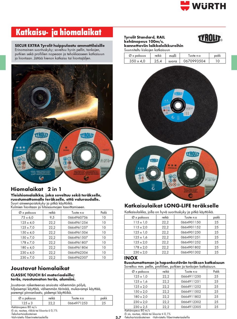 Tyrolit Standard, RAIL kehänopeus 100m/s, kannettaviin laikkaleikkureihin Suunniteltu kiskojen katkaisuun Ø x paksuus reikä malli Tuote n:o pakk 350 x 4,0 25,4 suora 0670993504 10 Hiomalaikat 2 in 1