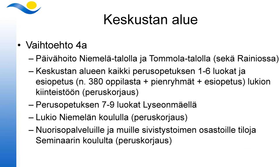 380 oppilasta + pienryhmät + esiopetus) lukion kiinteistöön (peruskorjaus) Perusopetuksen 7-9 luokat