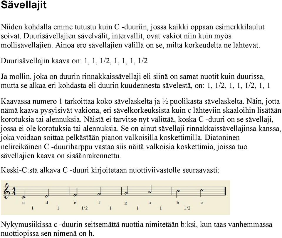 Duurisävellajin kaava on: 1, 1, 1/2, 1, 1, 1, 1/2 Ja mollin, joka on duurin rinnakkaissävellaji eli siinä on samat nuotit kuin duurissa, mutta se alkaa eri kohdasta eli duurin kuudennesta sävelestä,