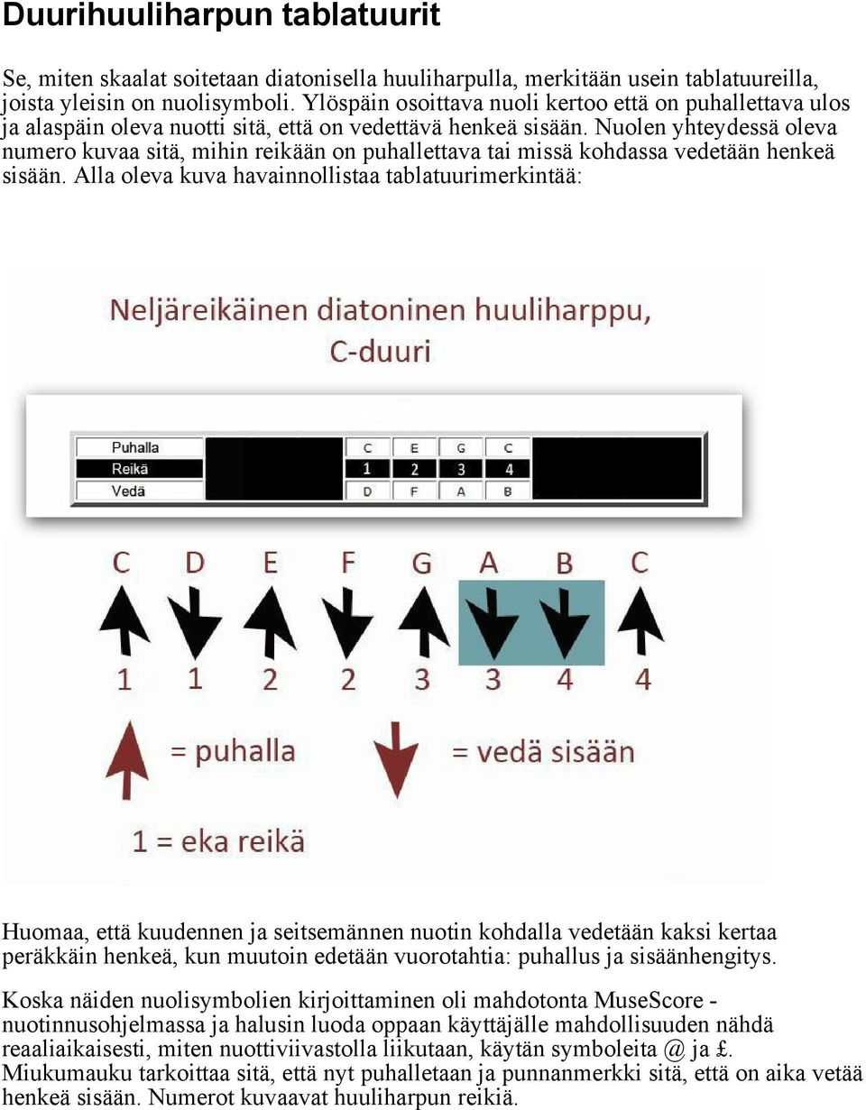 Nuolen yhteydessä oleva numero kuvaa sitä, mihin reikään on puhallettava tai missä kohdassa vedetään henkeä sisään.