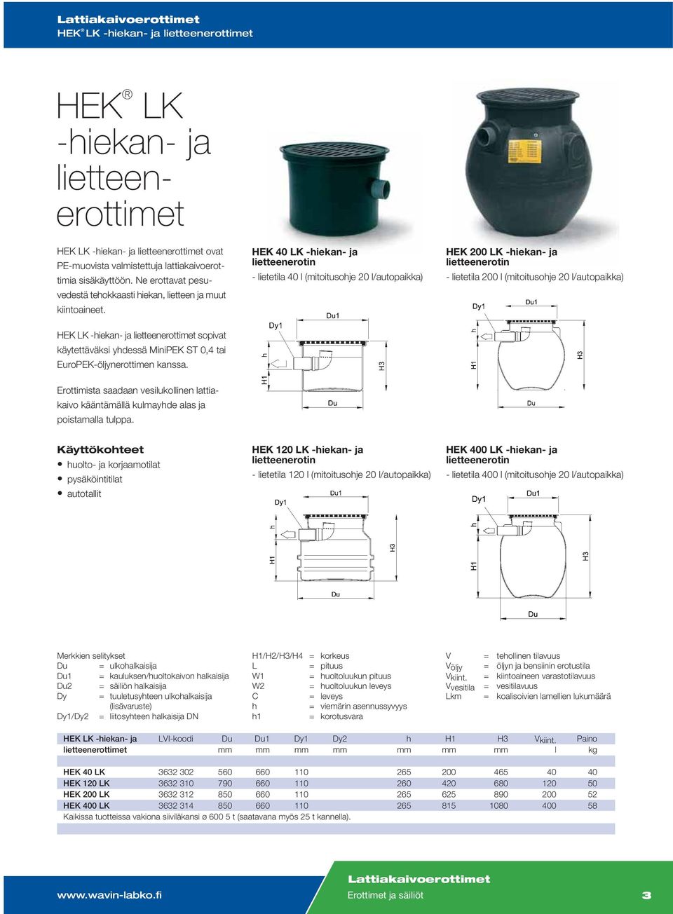 HEK 40 LK -hiekan- ja lietteenerotin - lietetila 40 l (mitoitusohje 20 l/autopaikka) HEK 200 LK -hiekan- ja lietteenerotin - lietetila 200 l (mitoitusohje 20 l/autopaikka) HEK LK -hiekan- ja