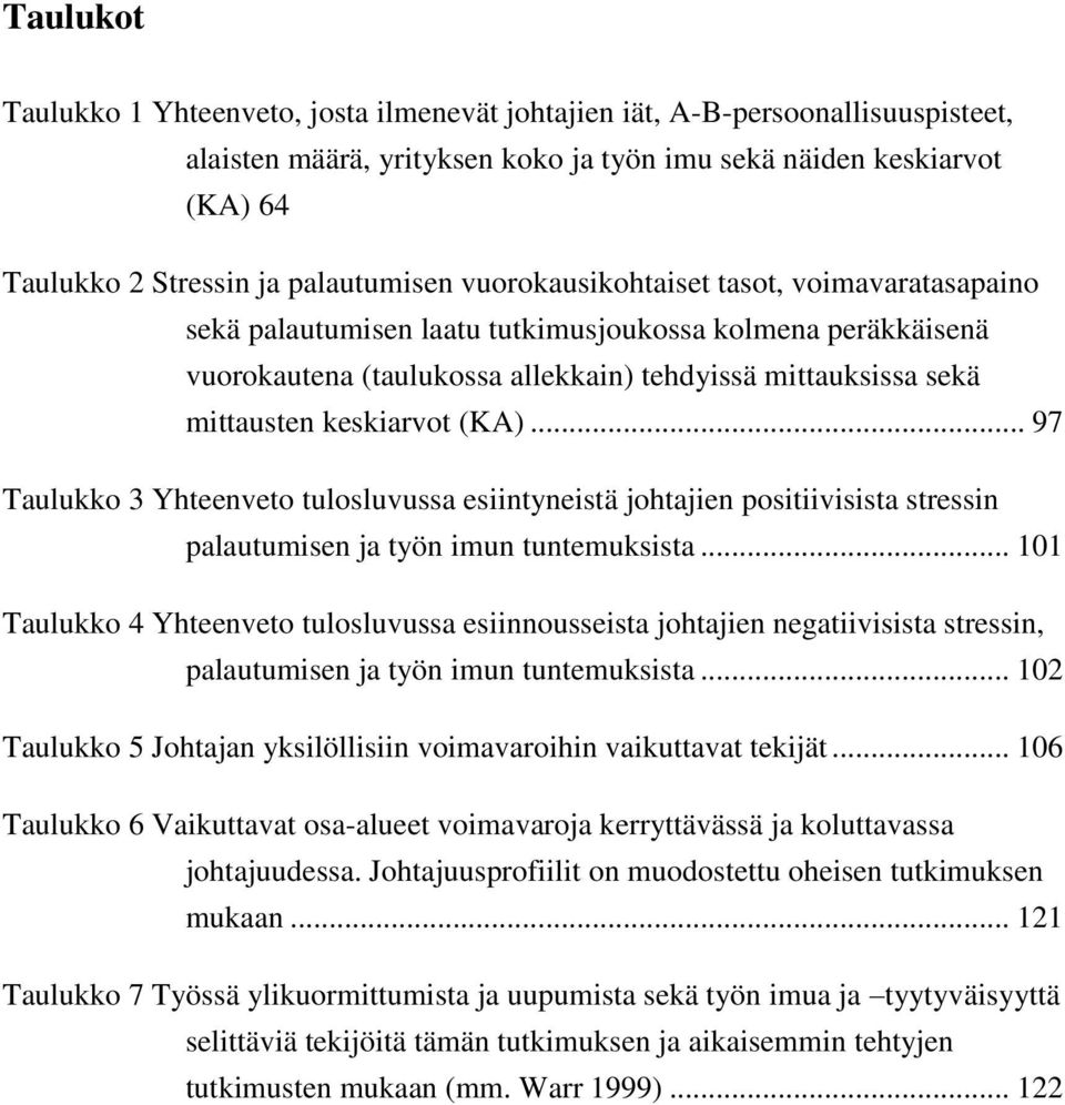 keskiarvot (KA)... 97 Taulukko 3 Yhteenveto tulosluvussa esiintyneistä johtajien positiivisista stressin palautumisen ja työn imun tuntemuksista.