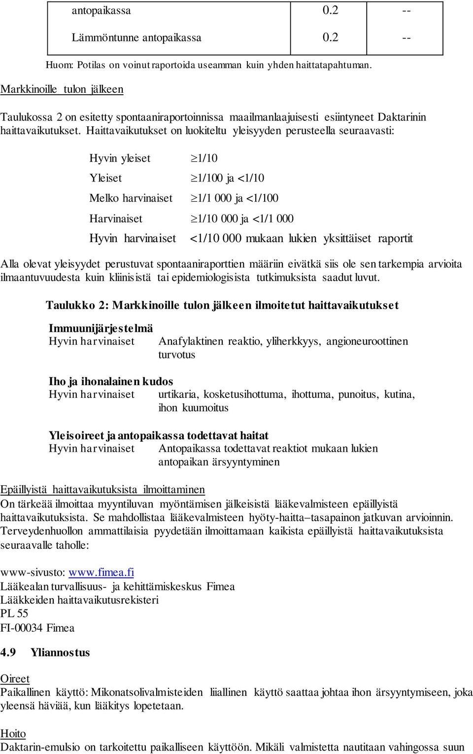 Haittavaikutukset on luokiteltu yleisyyden perusteella seuraavasti: Hyvin yleiset 1/10 Yleiset 1/100 ja <1/10 Melko harvinaiset 1/1 000 ja <1/100 Harvinaiset 1/10 000 ja <1/1 000 Hyvin harvinaiset