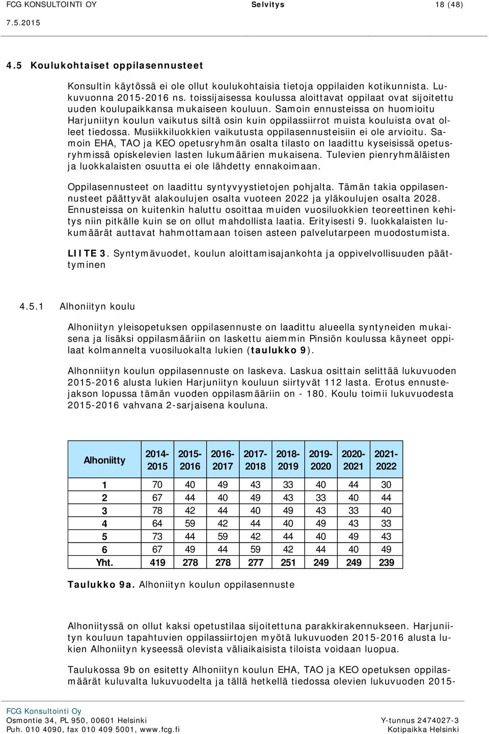 Samoin ennusteissa on huomioitu Harjuniityn koulun vaikutus siltä osin kuin oppilassiirrot muista kouluista ovat olleet tiedossa. Musiikkiluokkien vaikutusta oppilasennusteisiin ei ole arvioitu.