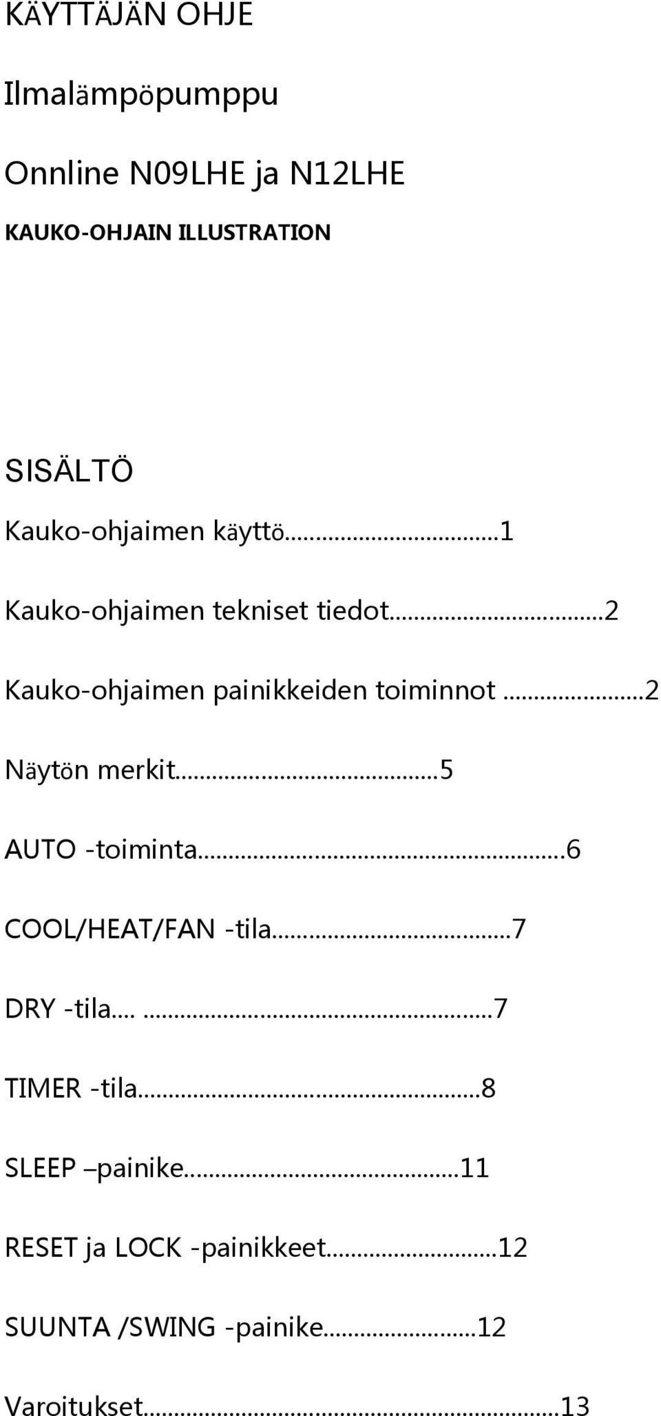 ..2 Kauko-ohjaimen painikkeiden toiminnot...2 Näytön merkit...5 AUTO -toiminta.