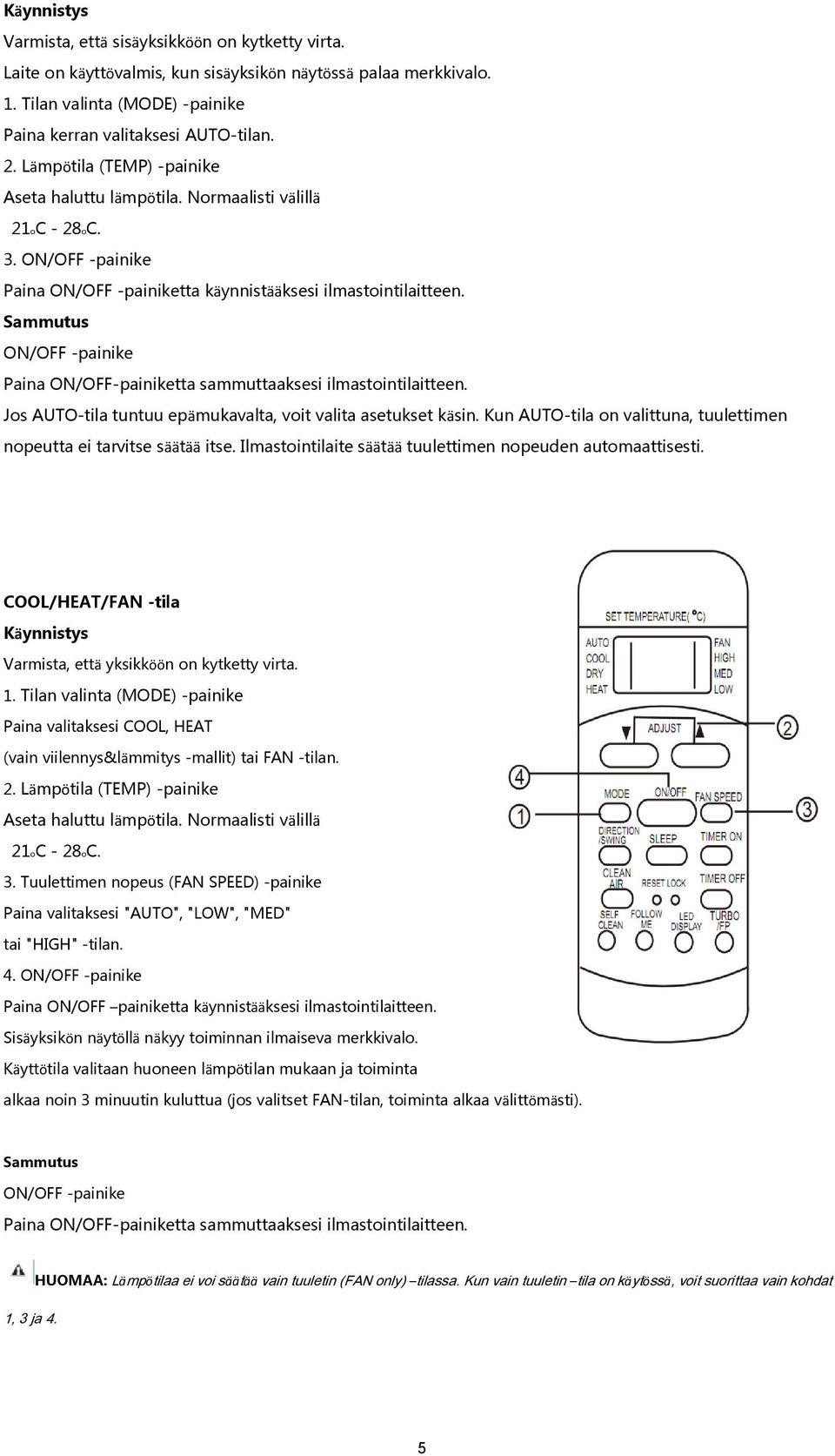 Sammutus ON/OFF -painike Paina ON/OFF-painiketta sammuttaaksesi ilmastointilaitteen. Jos AUTO-tila tuntuu epämukavalta, voit valita asetukset käsin.