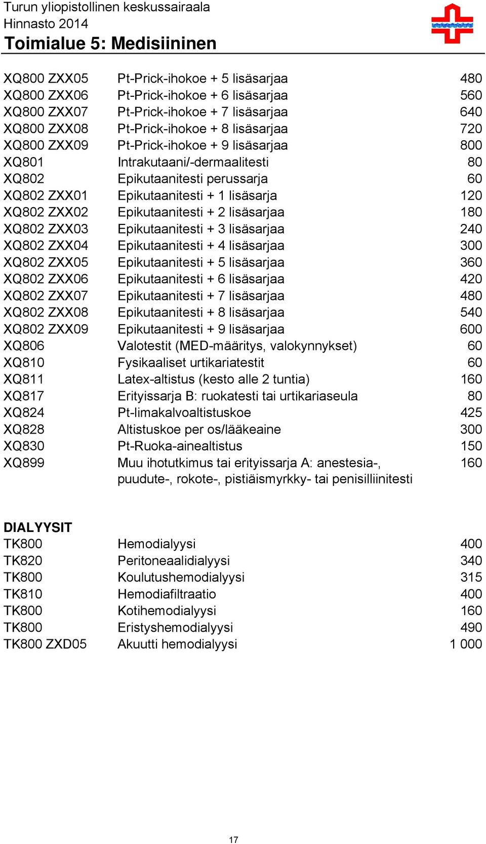 Epikutaanitesti + 1 lisäsarja 120 XQ802 ZXX02 Epikutaanitesti + 2 lisäsarjaa 180 XQ802 ZXX03 Epikutaanitesti + 3 lisäsarjaa 240 XQ802 ZXX04 Epikutaanitesti + 4 lisäsarjaa 300 XQ802 ZXX05