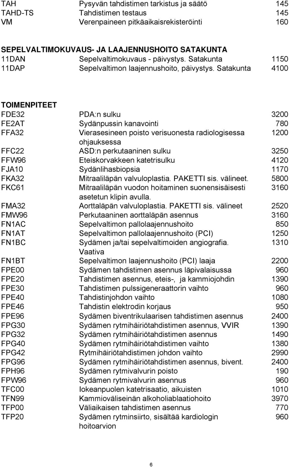 Satakunta 4100 TOIMENPITEET FDE32 PDA:n sulku 3200 FE2AT Sydänpussin kanavointi 780 FFA32 Vierasesineen poisto verisuonesta radiologisessa 1200 ohjauksessa FFC22 ASD:n perkutaaninen sulku 3250 FFW96