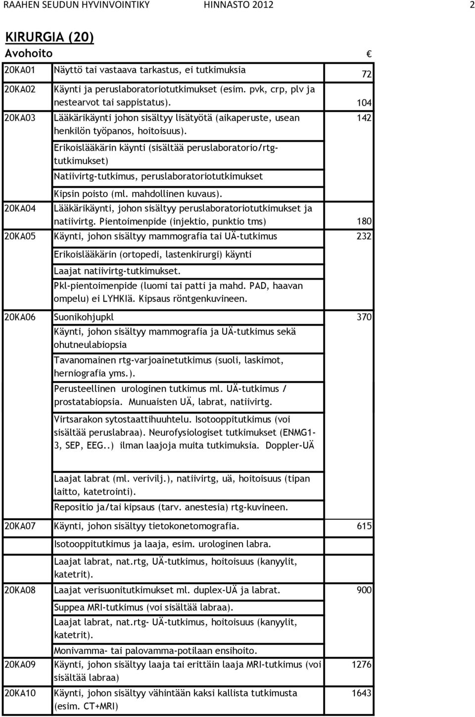 20KA04 Erikoislääkärin käynti (sisältää peruslaboratorio/rtgtutkimukset) Natiivirtg-tutkimus, peruslaboratoriotutkimukset Kipsin poisto (ml. mahdollinen kuvaus).