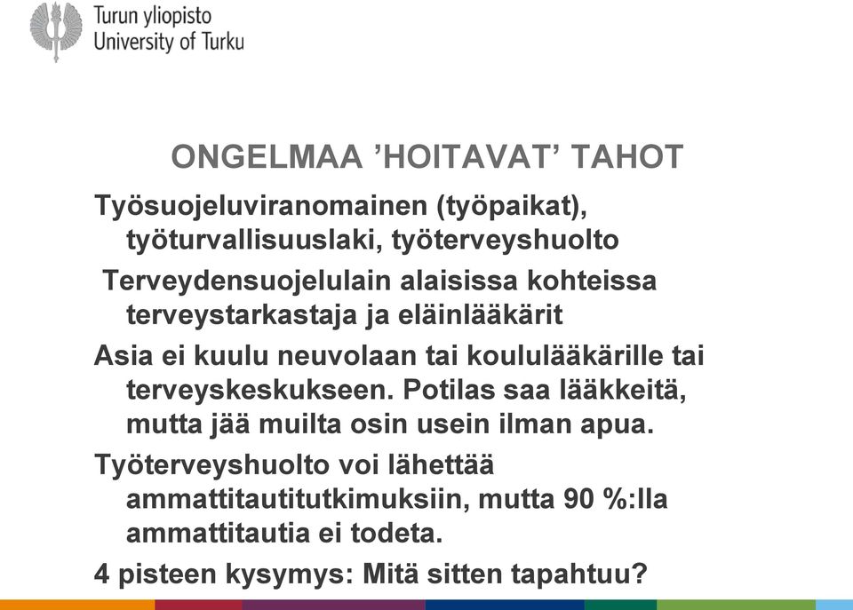 koululääkärille tai terveyskeskukseen. Potilas saa lääkkeitä, mutta jää muilta osin usein ilman apua.