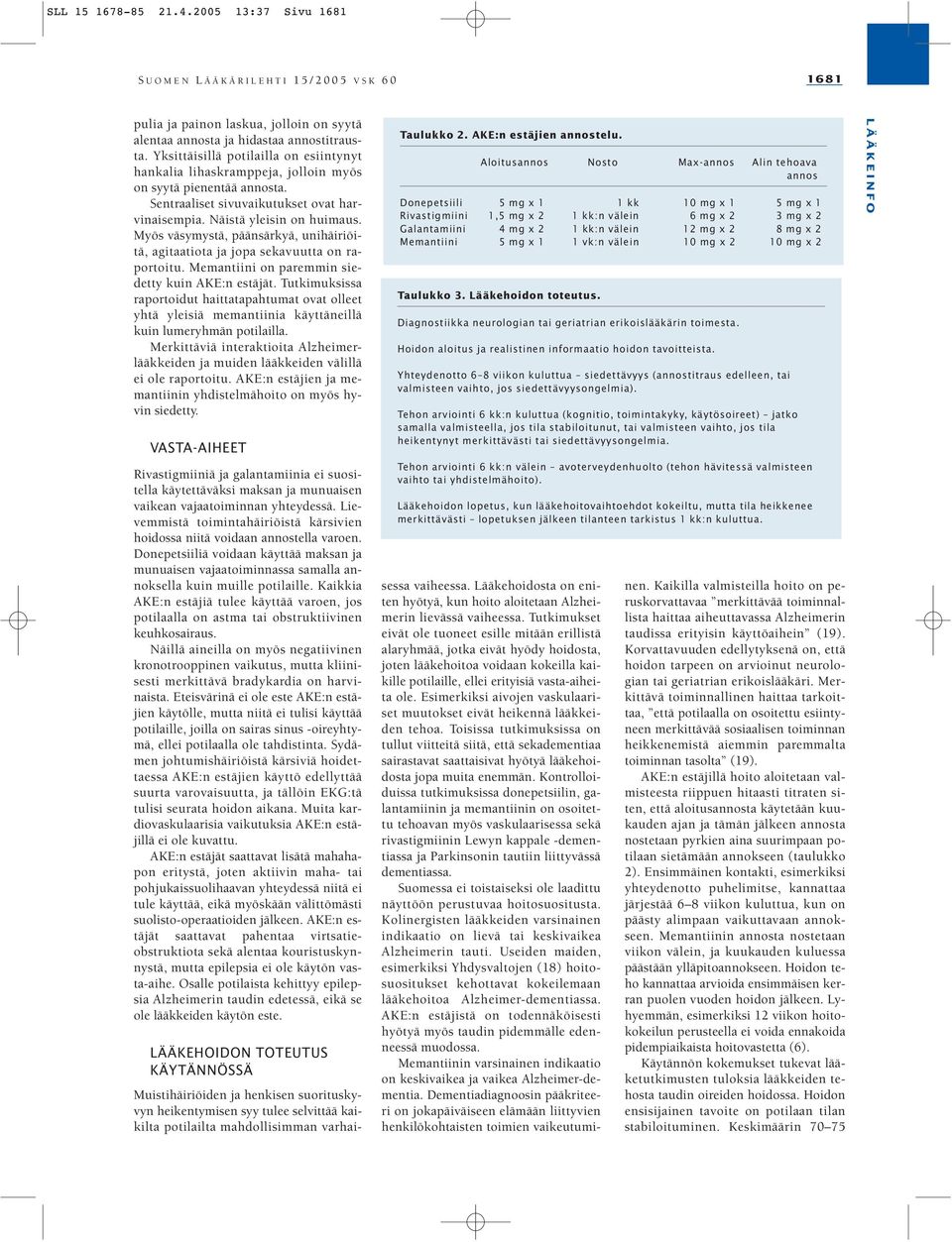 Myös väsymystä, päänsärkyä, unihäiriöitä, agitaatiota ja jopa sekavuutta on raportoitu. Memantiini on paremmin siedetty kuin AKE:n estäjät.