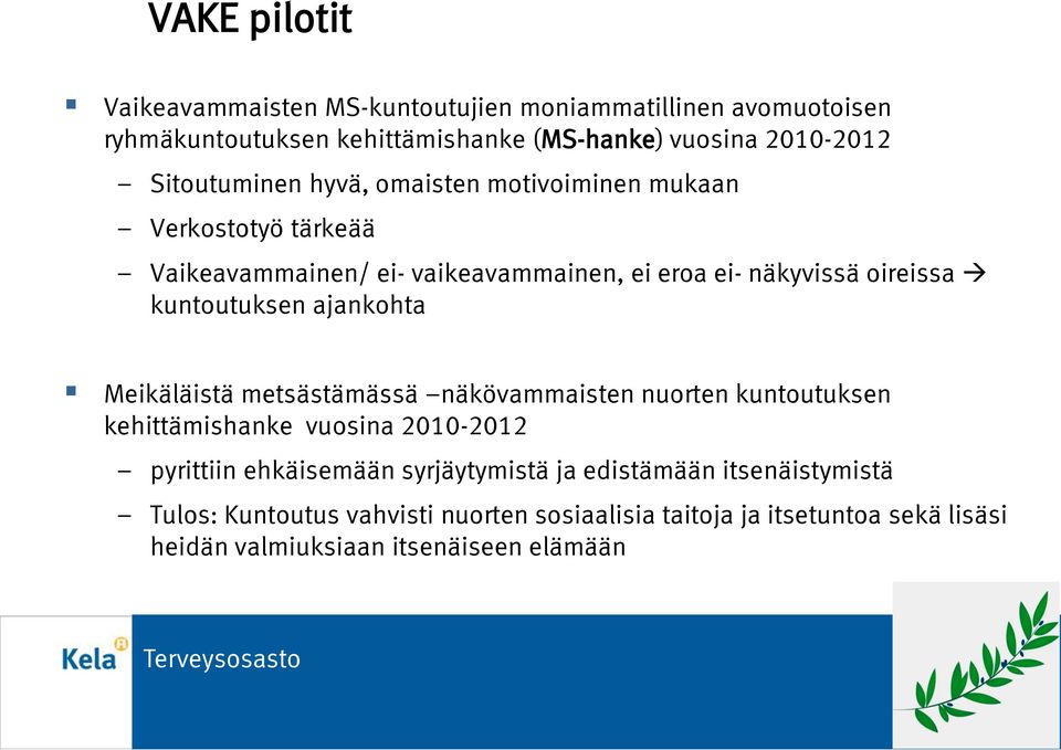 kuntoutuksen ajankohta Meikäläistä metsästämässä näkövammaisten nuorten kuntoutuksen kehittämishanke vuosina 2010-2012 pyrittiin ehkäisemään