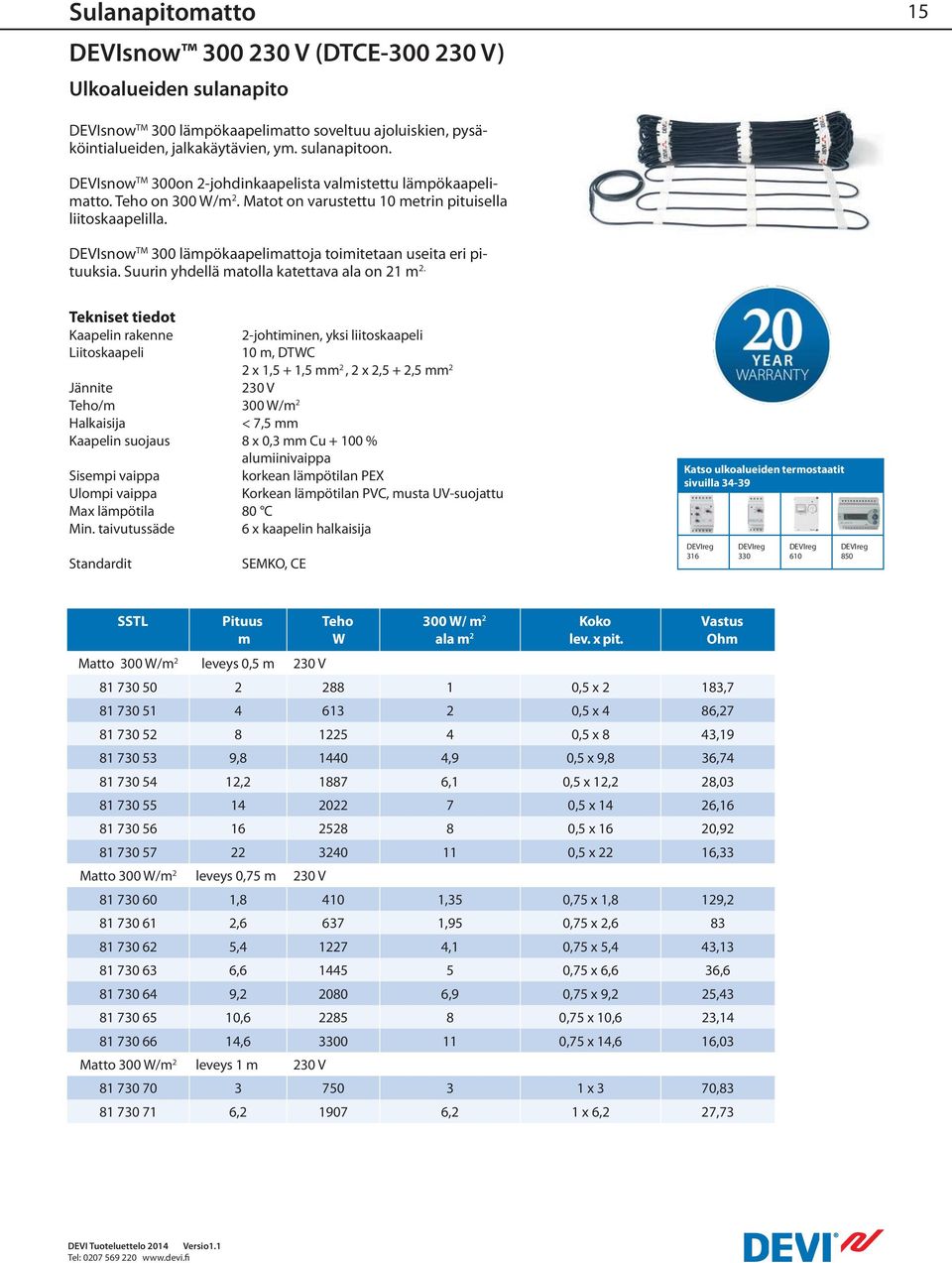 DEVIsnow TM 300 lämpökaapelimattoja toimitetaan useita eri pituuksia. Suurin yhdellä matolla katettava ala on 21 m 2.