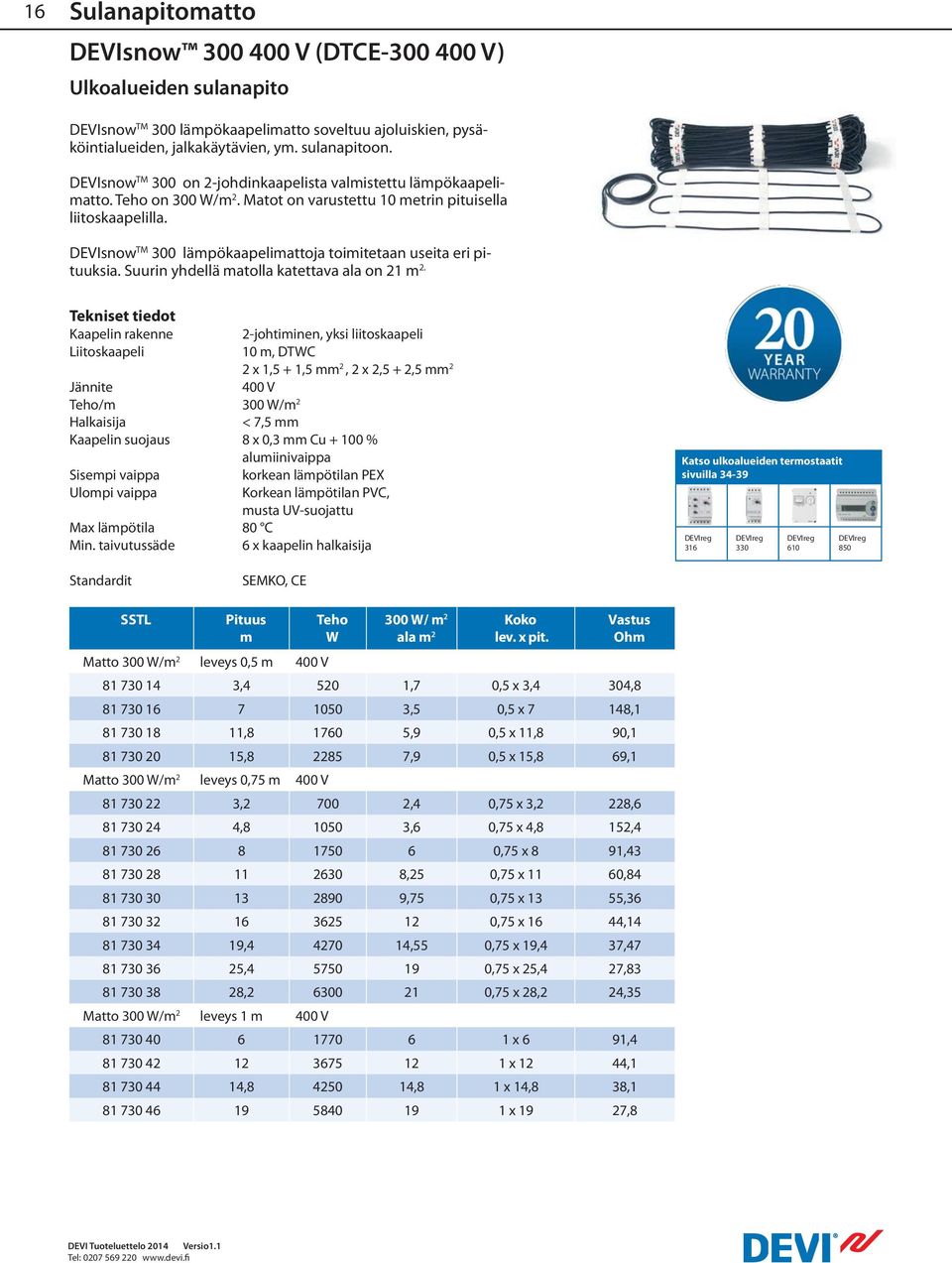 DEVIsnow TM 300 lämpökaapelimattoja toimitetaan useita eri pituuksia. Suurin yhdellä matolla katettava ala on 21 m 2.
