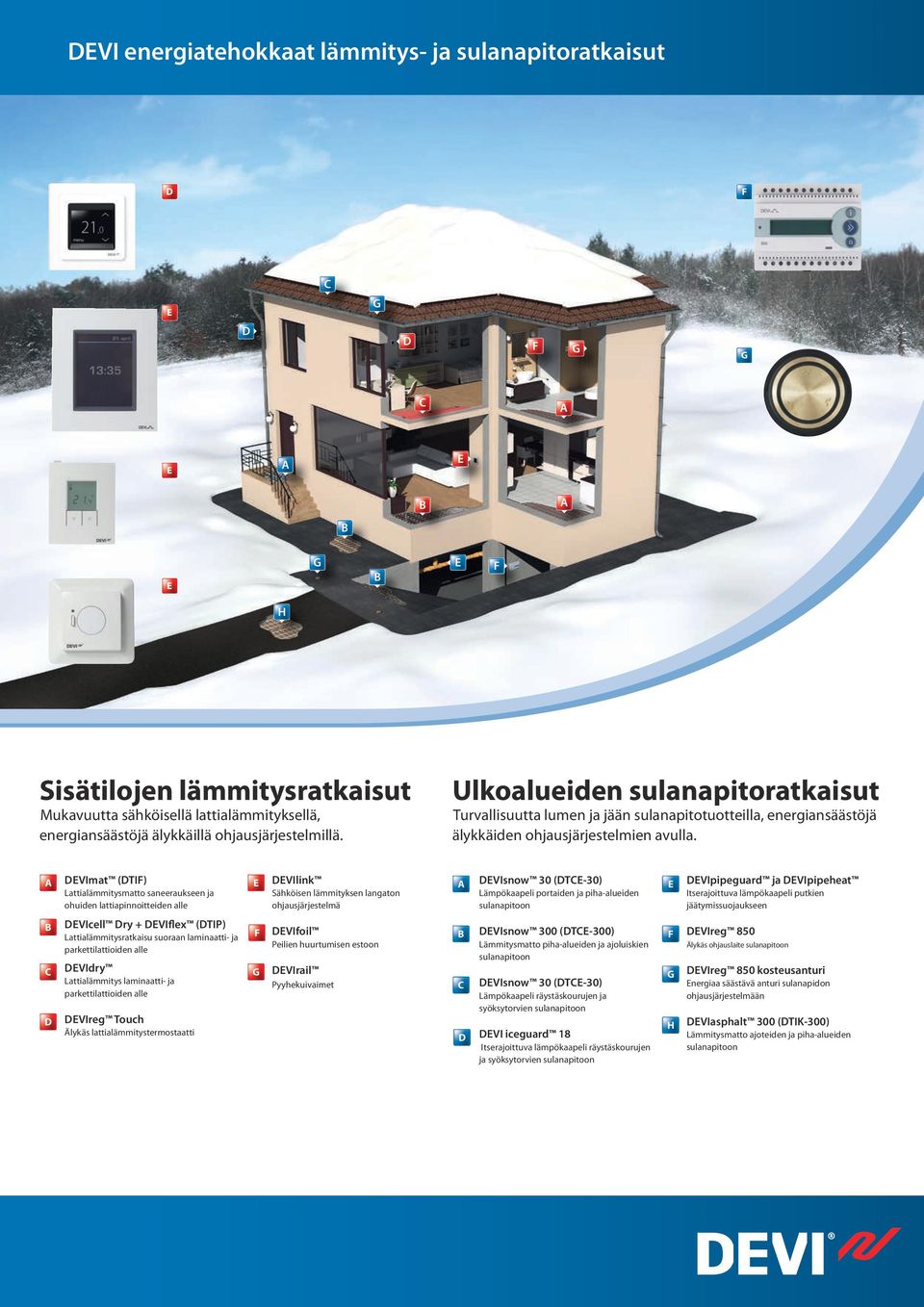 A DEVImat (DTIF) B DEVIcell Dry + DEVIflex (DTIP) C D Lattialämmitysmatto saneeraukseen ja ohuiden lattiapinnoitteiden alle Lattialämmitysratkaisu suoraan laminaatti- ja parkettilattioiden alle