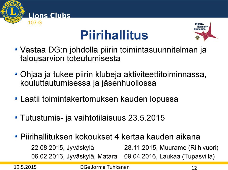 Tutustumis- ja vaihtotilaisuus 23.5.2015 Piirihallituksen kokoukset 4 kertaa kauden aikana 22.08.2015, Jyväskylä 28.