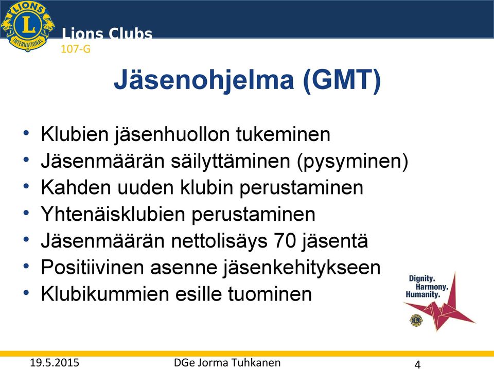 Yhtenäisklubien perustaminen Jäsenmäärän nettolisäys 70 jäsentä