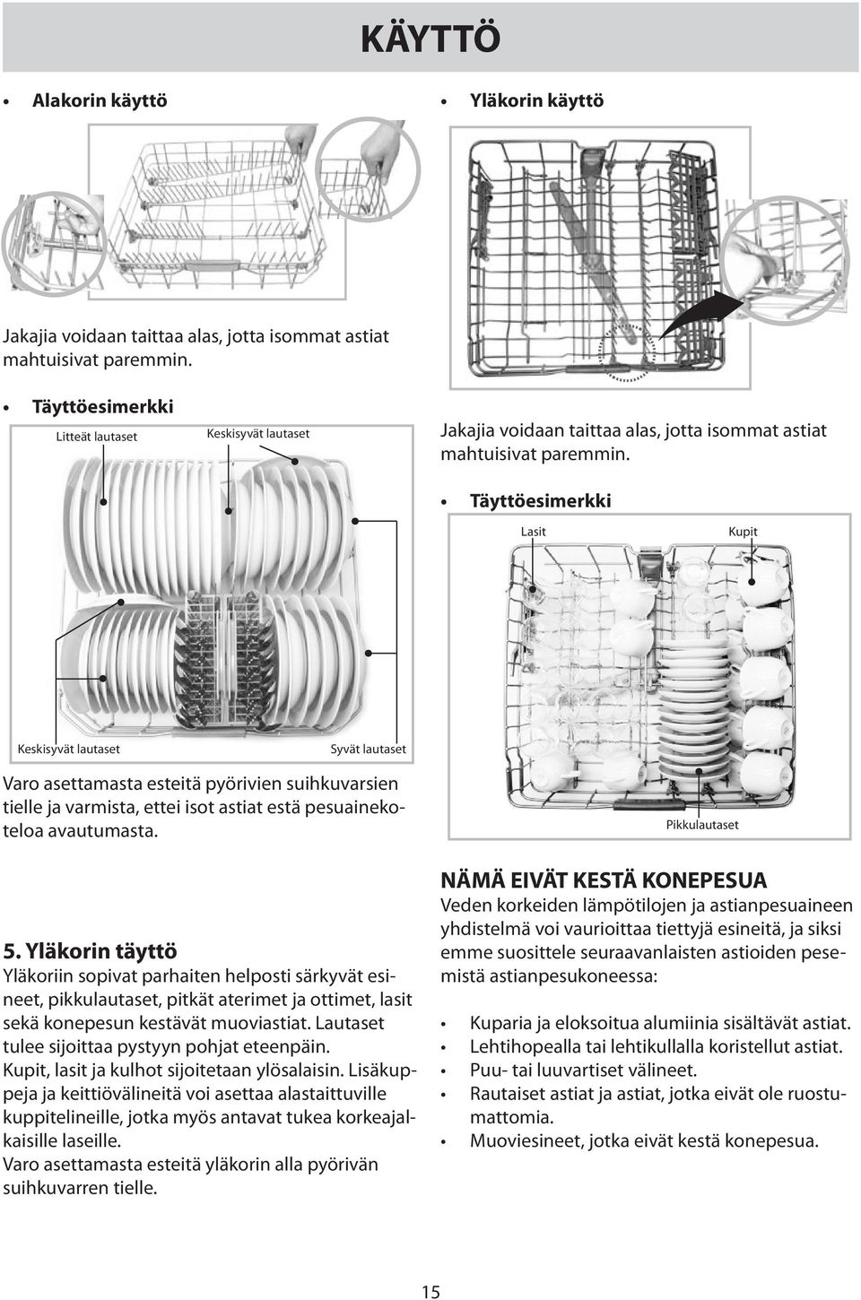 Täyttöesimerkki Lasit Kupit Keskisyvät lautaset Syvät lautaset Varo asettamasta esteitä pyörivien suihkuvarsien tielle ja varmista, ettei isot astiat estä pesuainekoteloa avautumasta. 5.