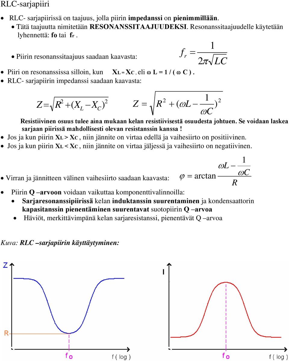 - sarjapiirin impedanssi saadaan kaavasta: Z + ( X ) X Z f r π + ( ω ) ω esistiivinen osuus tulee aina mukaan kelan resistiivisestä osuudesta johtuen.