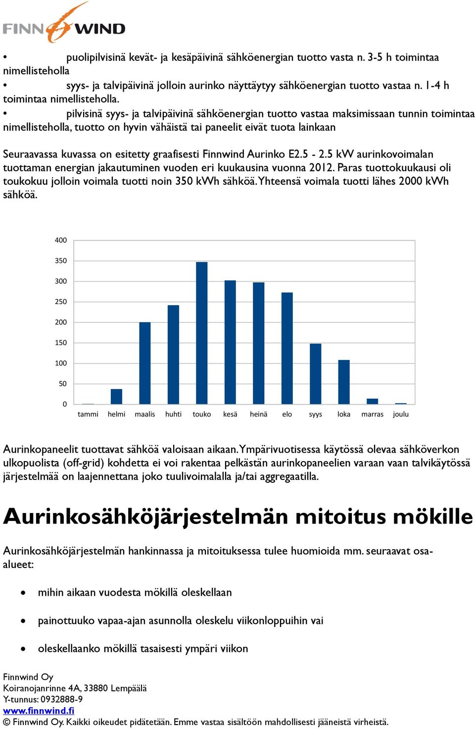 pilvisinä syys- ja talvipäivinä sähköenergian tuotto vastaa maksimissaan tunnin toimintaa nimellisteholla, tuotto on hyvin vähäistä tai paneelit eivät tuota lainkaan Seuraavassa kuvassa on esitetty