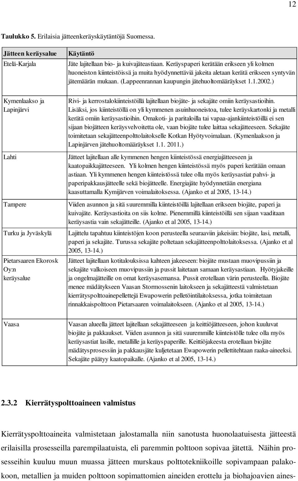1.2002.) Kymenlaakso ja Lapinjärvi Lahti Tampere Turku ja Jyväskylä Pietarsaaren Ekorosk Oy:n keräysalue Rivi- ja kerrostalokiinteistöillä lajitellaan biojäte- ja sekajäte omiin keräysastioihin.