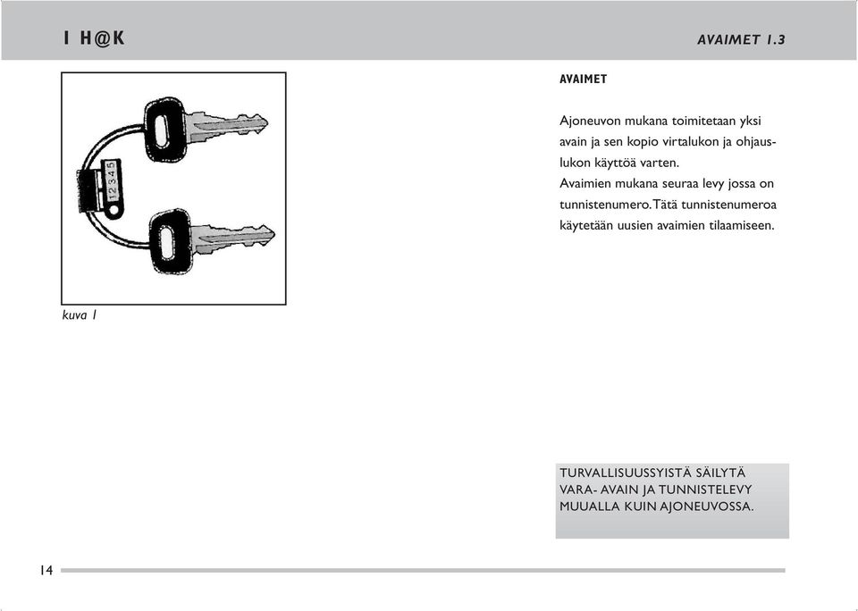 ohjauslukon käyttöä varten. Avaimien mukana seuraa levy jossa on tunnistenumero.