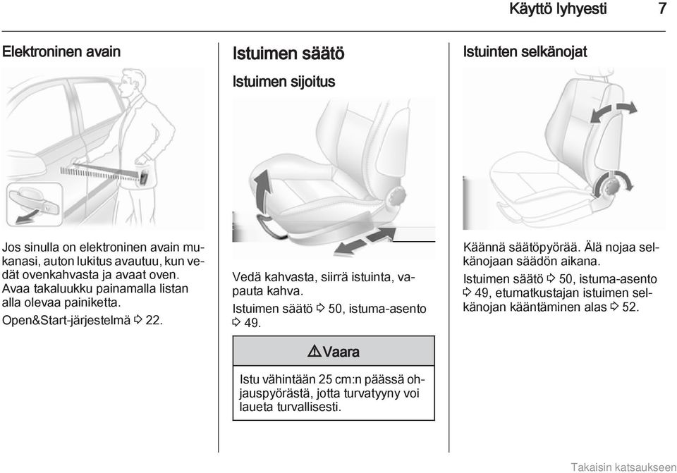 Vedä kahvasta, siirrä istuinta, vapauta kahva. Istuimen säätö 3 50, istuma-asento 3 49.