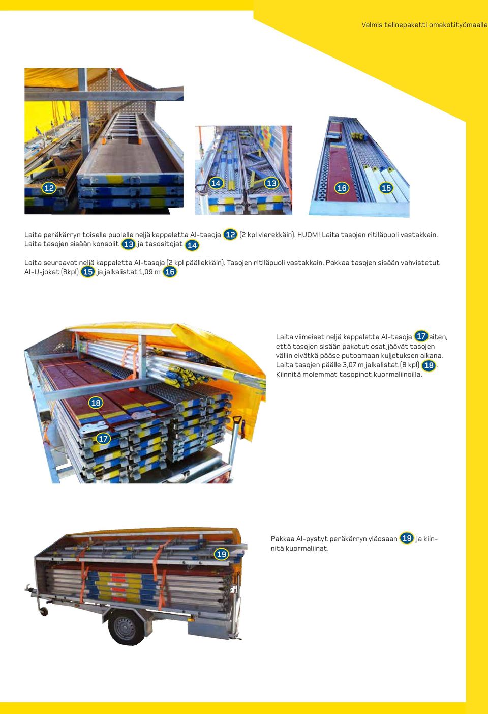 Pakkaa tasojen sisään vahvistetut Al-U-jokat (8kpl) 15 ja jalkalistat 1,09 m 16 Laita viimeiset neljä kappaletta Al-tasoja 17 siten, että tasojen sisään pakatut osat jäävät tasojen