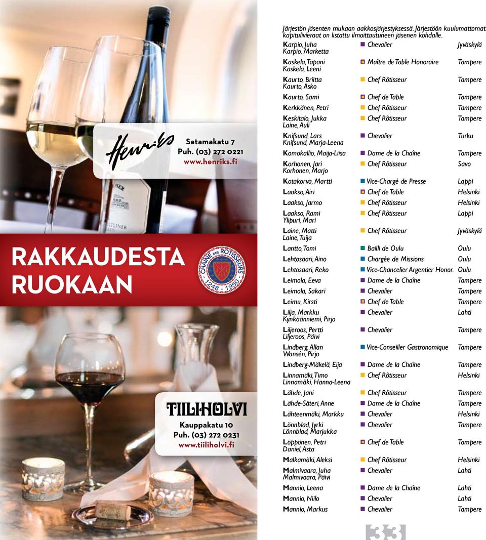 Tampere Kerkkänen, Petri Chef Rôtisseur Tampere Keskitalo, Jukka Laine, Auli Chef Rôtisseur Tampere Knifsund, Lars Knifsund, Marja-Leena Chevalier Turku Komokallio, Maija-Liisa Dame de la Chaîne