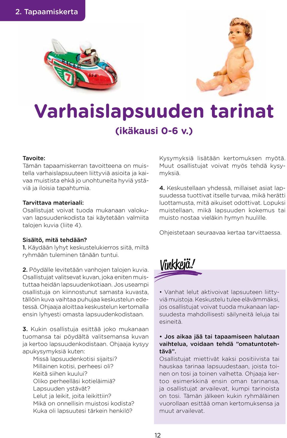 Tarvittava materiaali: Osallistujat voivat tuoda mukanaan valokuvan lapsuudenkodista tai käytetään valmiita talojen kuvia (liite 4). Sisältö, mitä tehdään? 1.