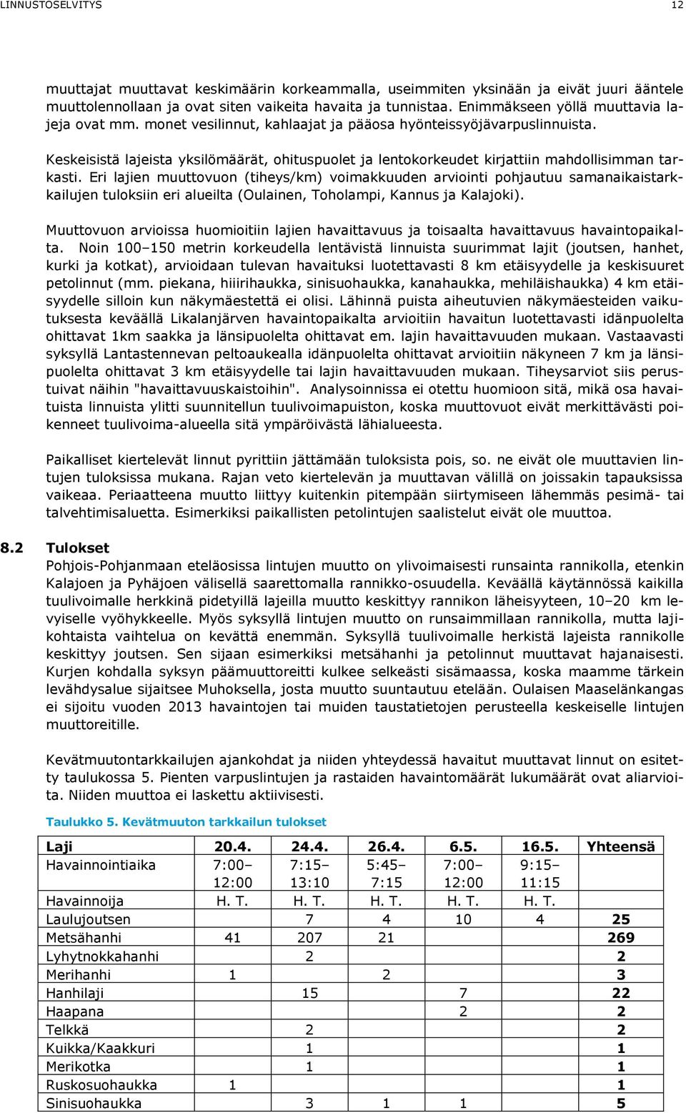 Keskeisistä lajeista yksilömäärät, ohituspuolet ja lentokorkeudet kirjattiin mahdollisimman tarkasti.