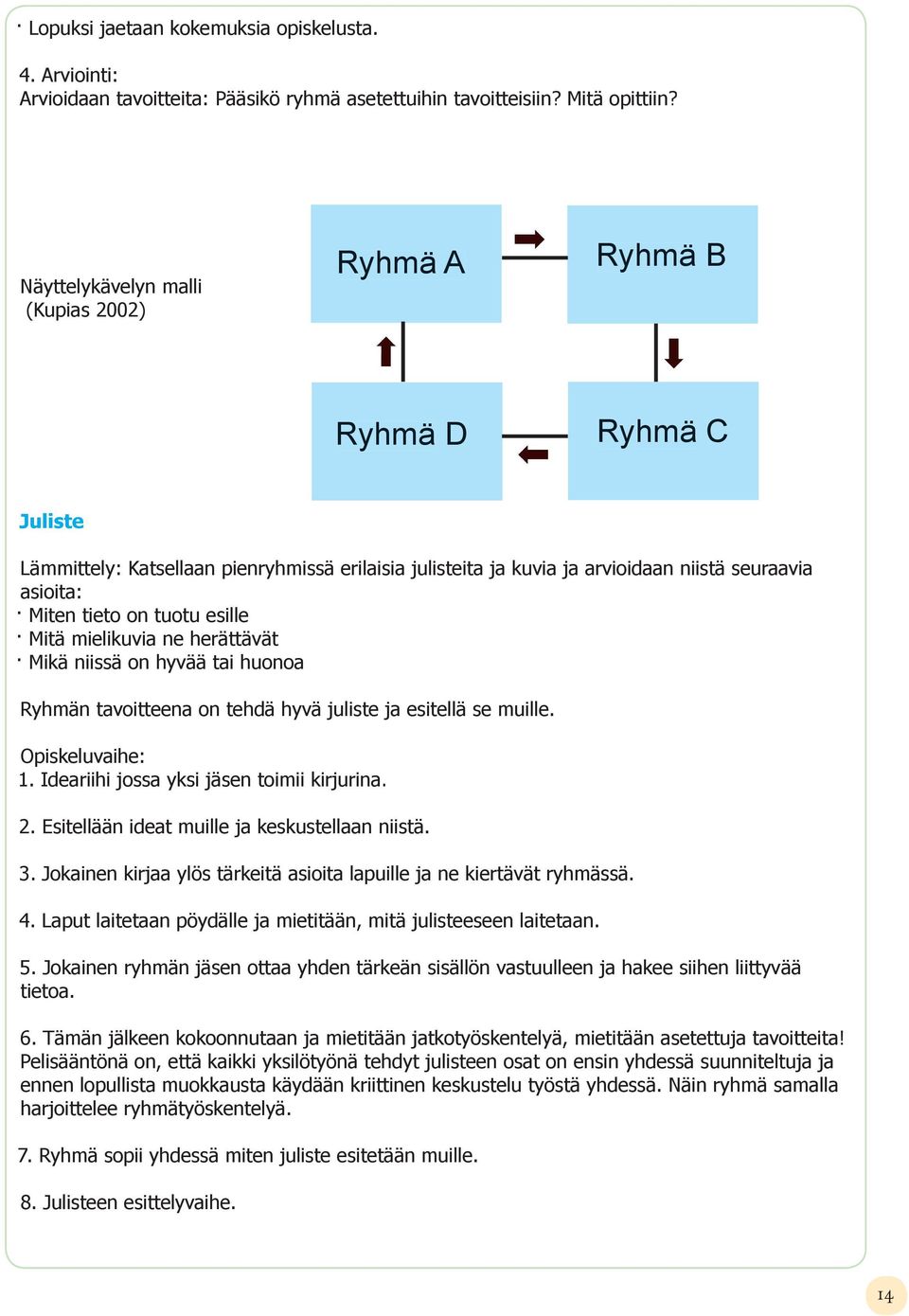 tuotu esille Mitä mielikuvia ne herättävät Mikä niissä on hyvää tai huonoa Ryhmän tavoitteena on tehdä hyvä juliste ja esitellä se muille. Opiskeluvaihe: 1.