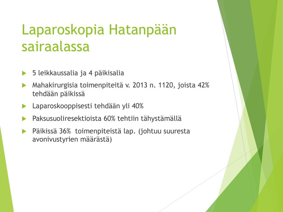 1120, joista 42% tehdään päikissä Laparoskooppisesti tehdään yli 40%