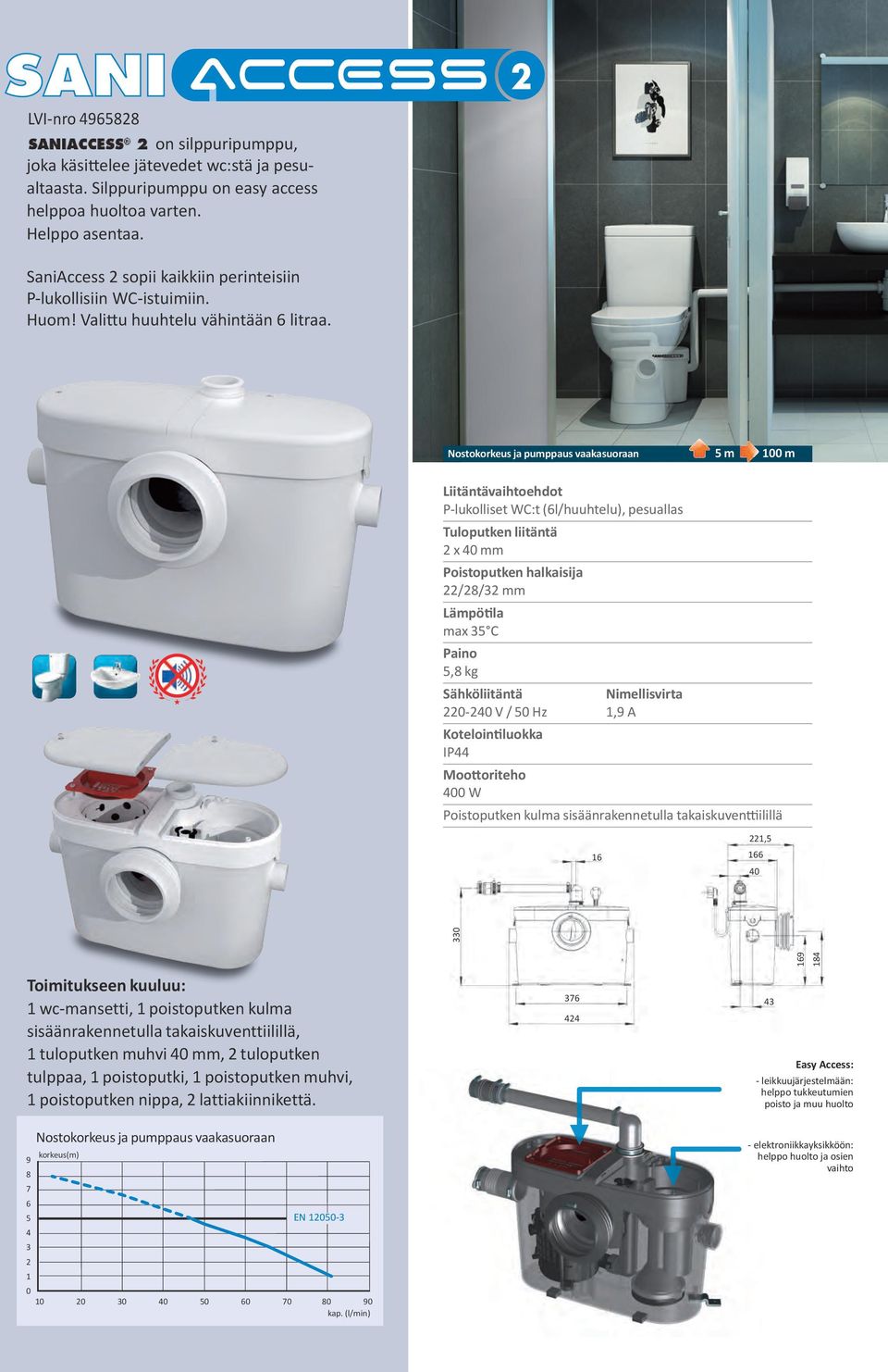 m m P-lukolliset WC:t (l/huuhtelu), pesuallas Tuloputken liitäntä x mm // mm Lämpötila max C, kg - V / Hz, A, wc-mansetti, poistoputken kulma sisäänrakennetulla