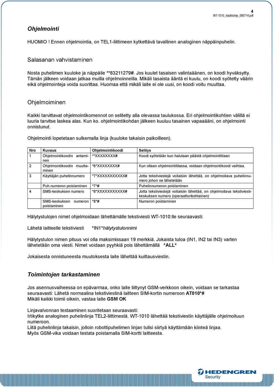 Huomaa että mikäli laite ei ole uusi, on koodi voitu muuttaa. Ohjelmoiminen Kaikki tarvittavat ohjelmointikomennot on selitetty alla olevassa taulukossa.