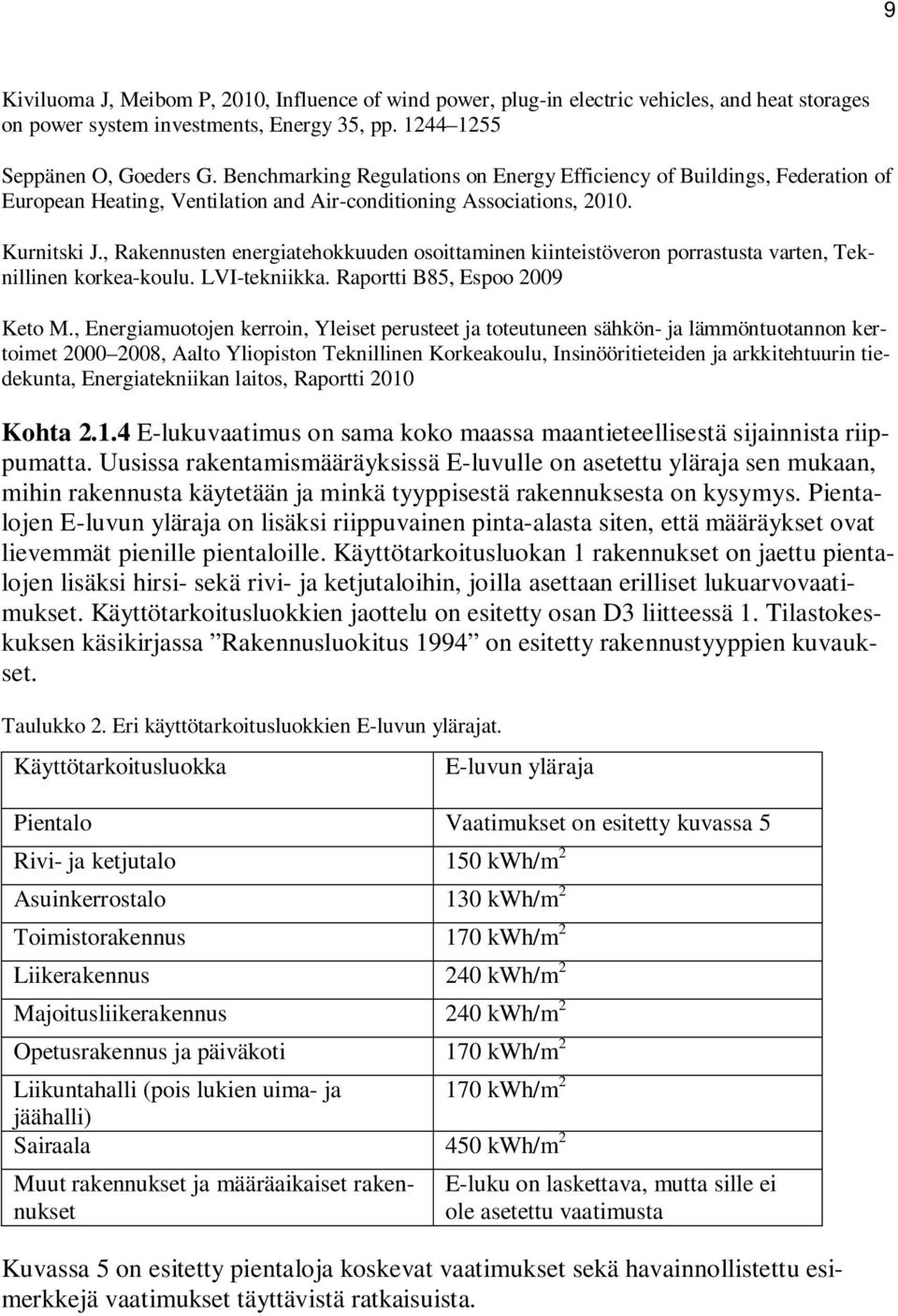 , Rakennusten energiatehokkuuden osoittaminen kiinteistöveron porrastusta varten, Teknillinen korkea-koulu. LVI-tekniikka. Raportti B85, Espoo 2009 Keto M.