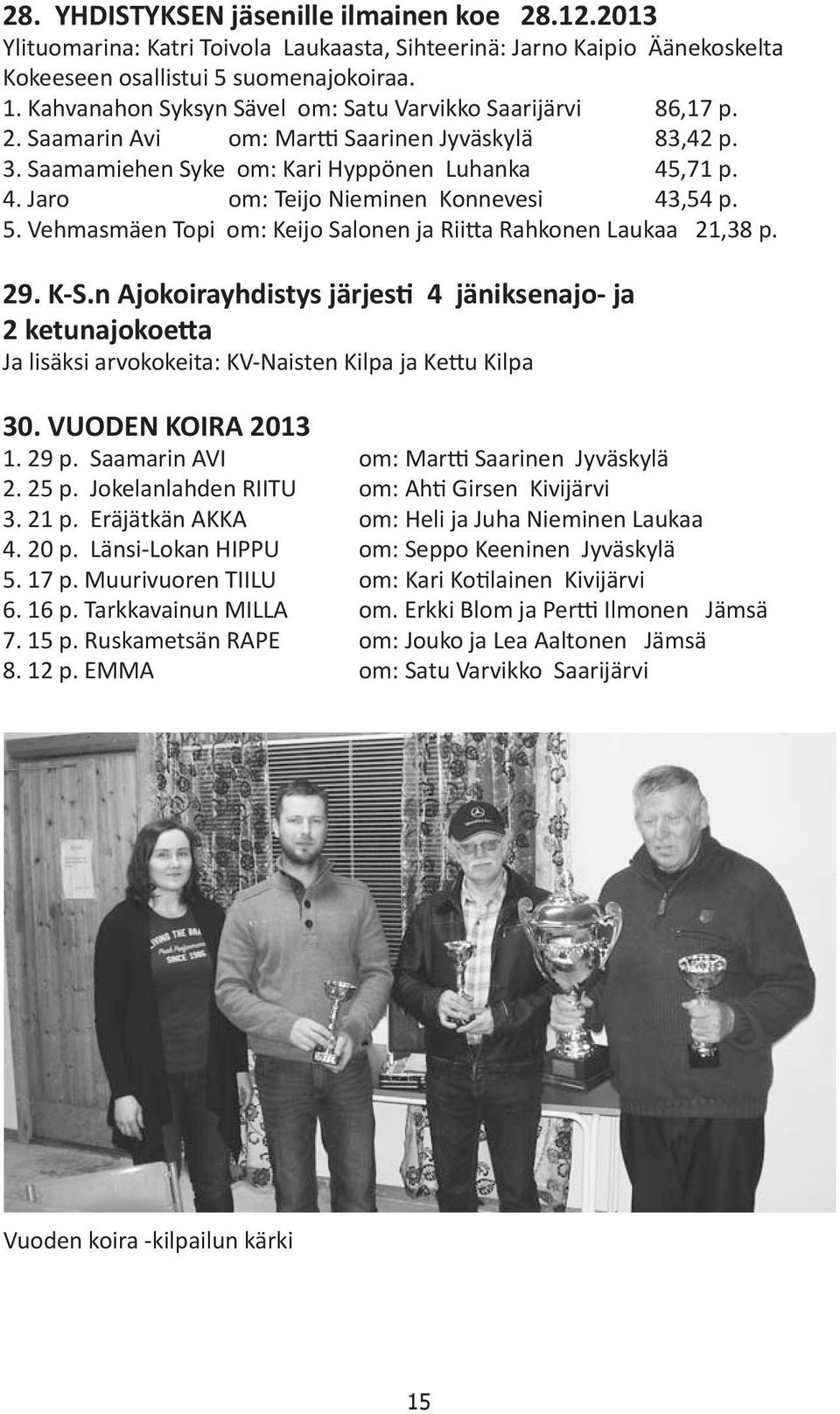,71 p. 4. Jaro om: Teijo Nieminen Konnevesi 43,54 p. 5. Vehmasmäen Topi om: Keijo Salonen ja Riitta Rahkonen Laukaa 21,38 p. 29. K-S.