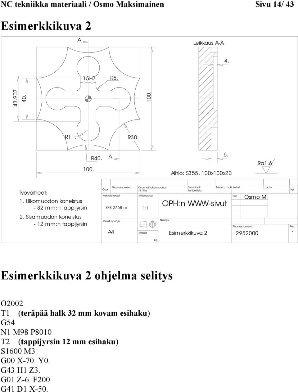 Sisamuodon koneistus - 12 mm:n tappijyrsin Osa Yleistoleranssit Piirustusnumero SFS 2768 m 1:1 Piirustuspohja Osan tai kokoonpanon nimitys Mittakaava kg Standardi tai luettelo