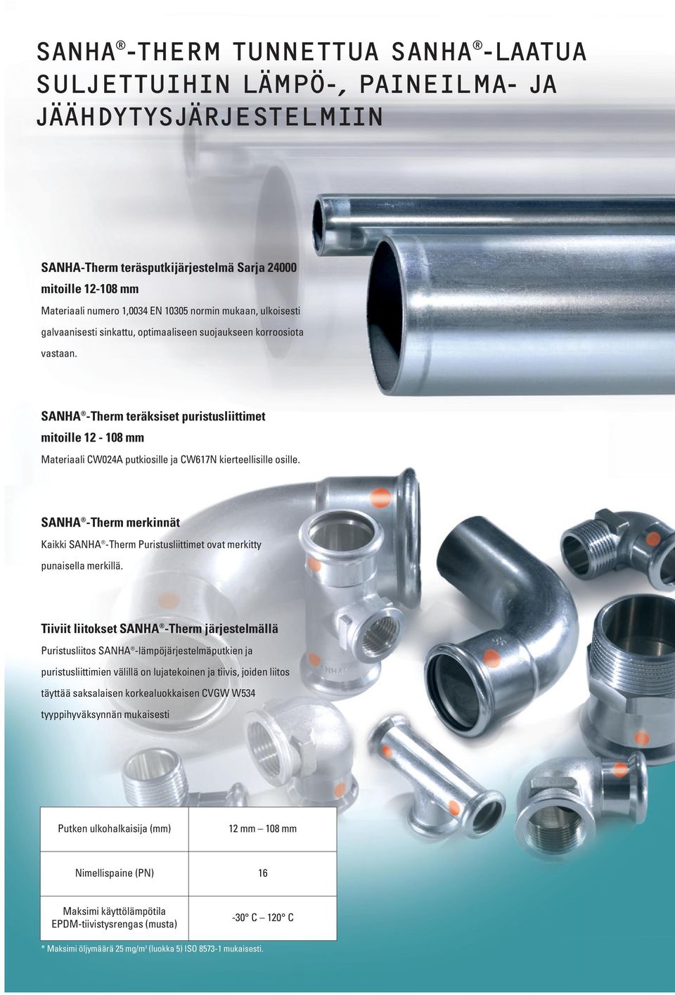 SANHA -Therm teräksiset puristusliittimet mitoille 12-108 mm Materiaali CW024A putkiosille ja CW617N kierteellisille osille.