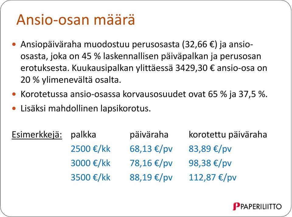 Korotetussa ansio-osassa korvausosuudet ovat 65 % ja 37,5 %. Lisäksi mahdollinen lapsikorotus.