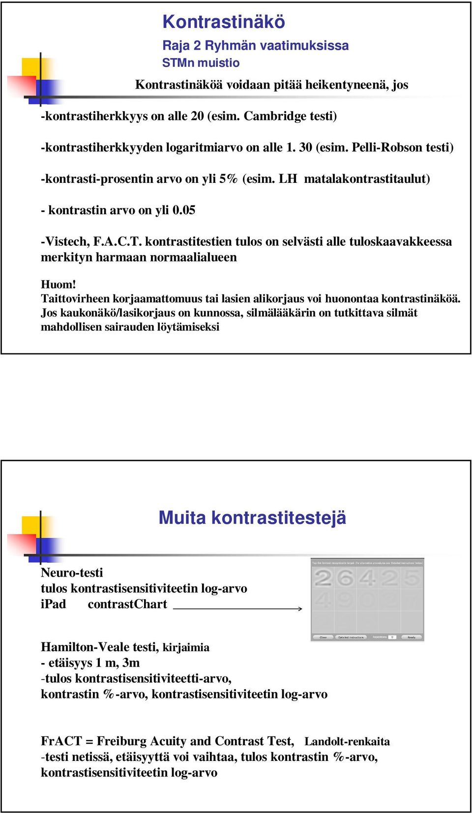 05 -Vistech, F.A.C.T. kontrastitestien tulos on selvästi alle tuloskaavakkeessa merkityn harmaan normaalialueen Huom! Taittovirheen korjaamattomuus tai lasien alikorjaus voi huonontaa kontrastinäköä.